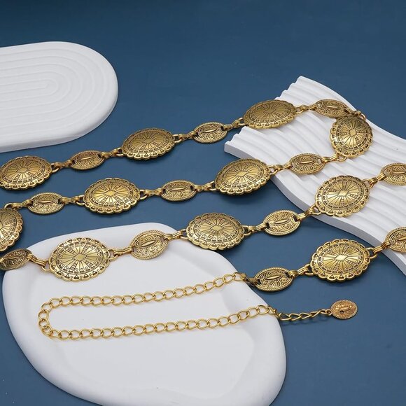 Western Concho Chain Belt for Women Adjustable Metal Waist Jewelry for Dresses - Picture 5 of 7